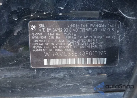 2008 BMW 328I z USA, uszkodzony, nr VIN WBAVC535X8F010199